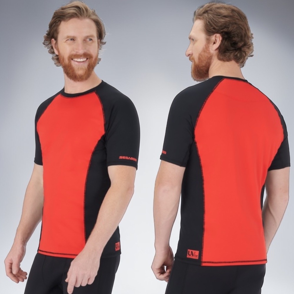 NEW Sea-Doo Men's Short Sleeve Rashguard Performance Red Black UV 50+ XL Swim‎